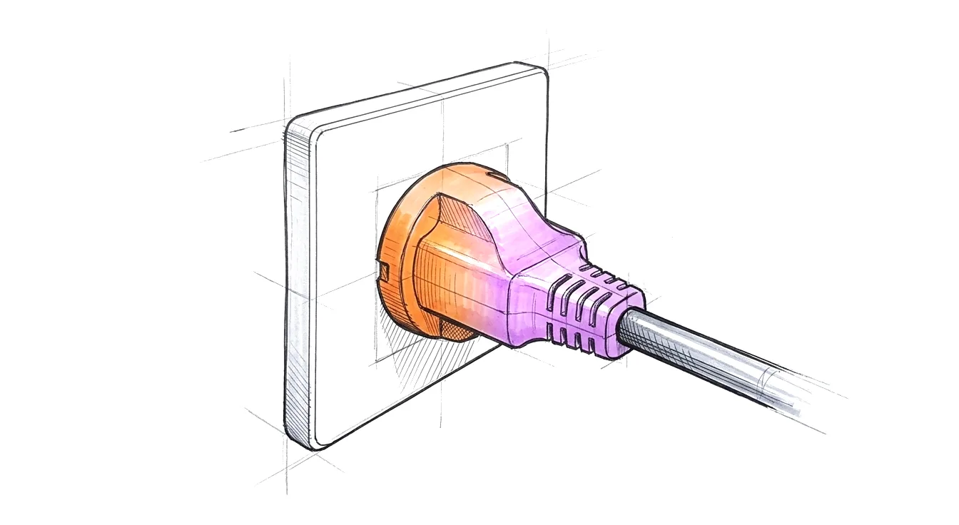 Sketch: a plug seated in a blank wall socket, its cable running out of frame; the plug carries the gradient.